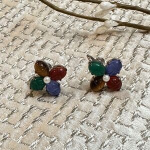 Vintage Multicolored‎ Floral Sterling Clip On Earrings Cottagecore Statement